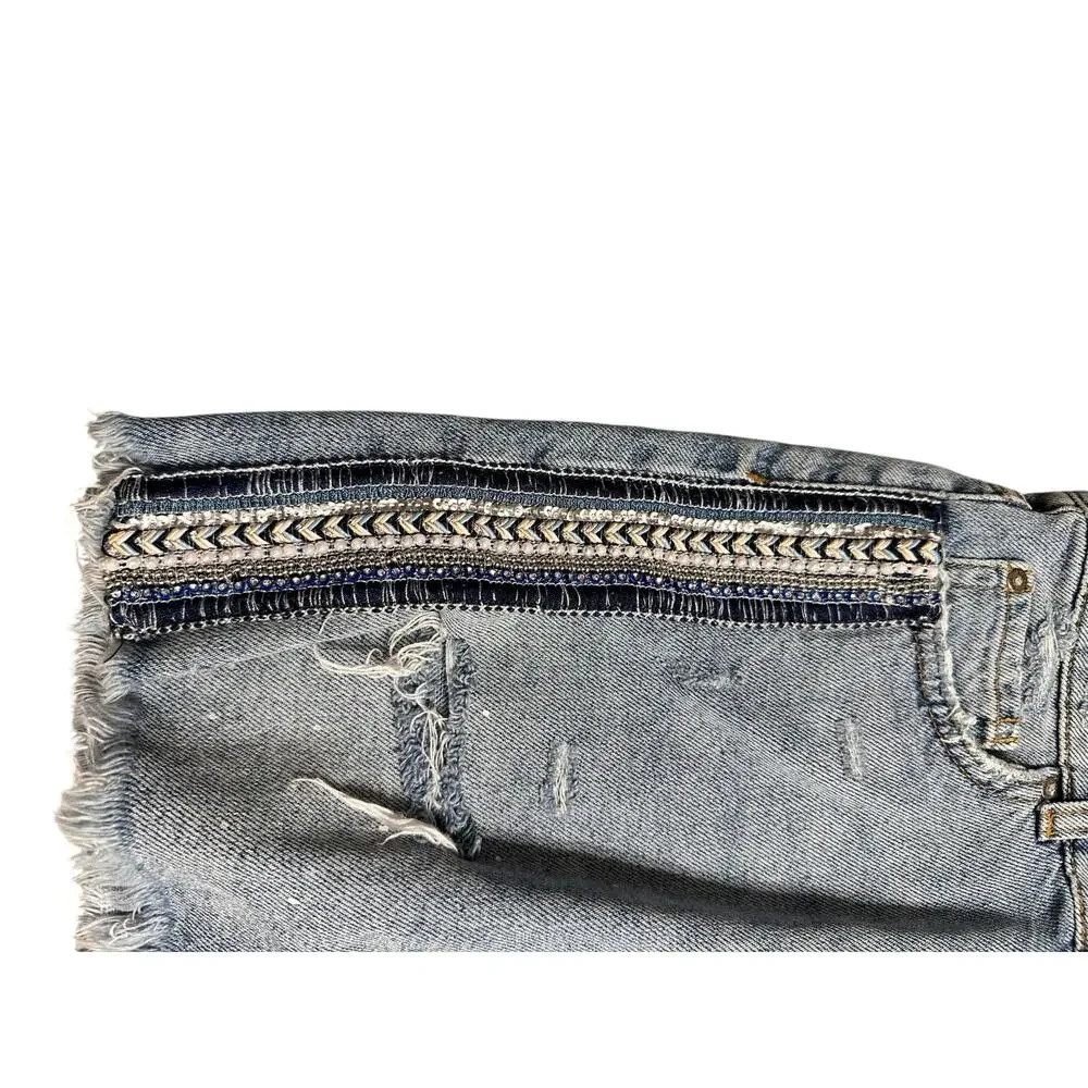Free People Denim Mini Skirt Beaded Embellished Size 0 Raw Hem - Picture 8 of 9